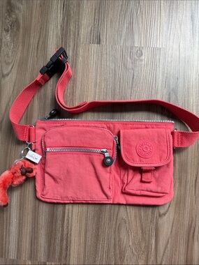 Kipling Presto Convertible Waist Bag Belt Fanny Pack Coral Pink Monkey Keychain